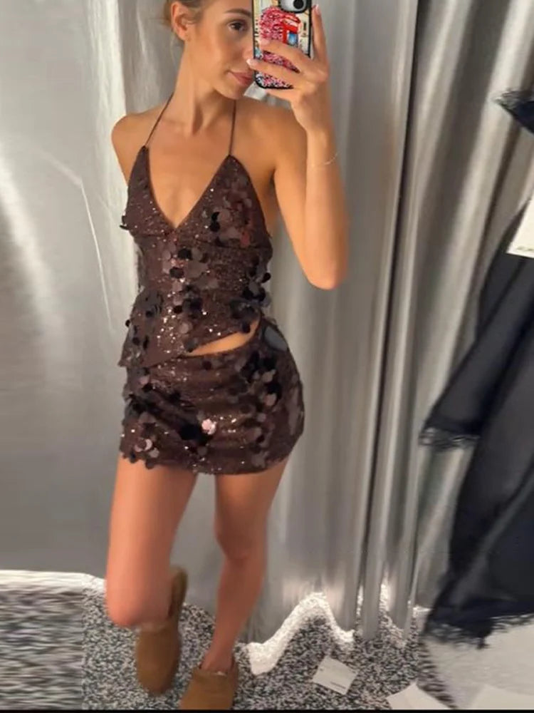Conjunto Paetê Blusa e Saia Curta Modern Kye