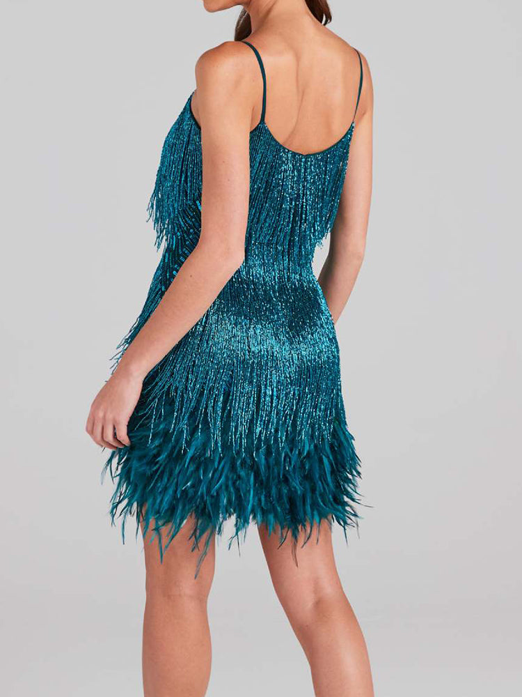 Vestido de Paetê Com Franjas e Plumas Modern Caterine