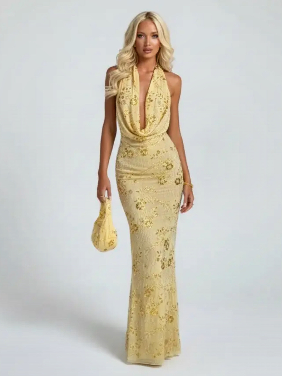 Vestido Longo Bordado com Decote Modern Tanaya