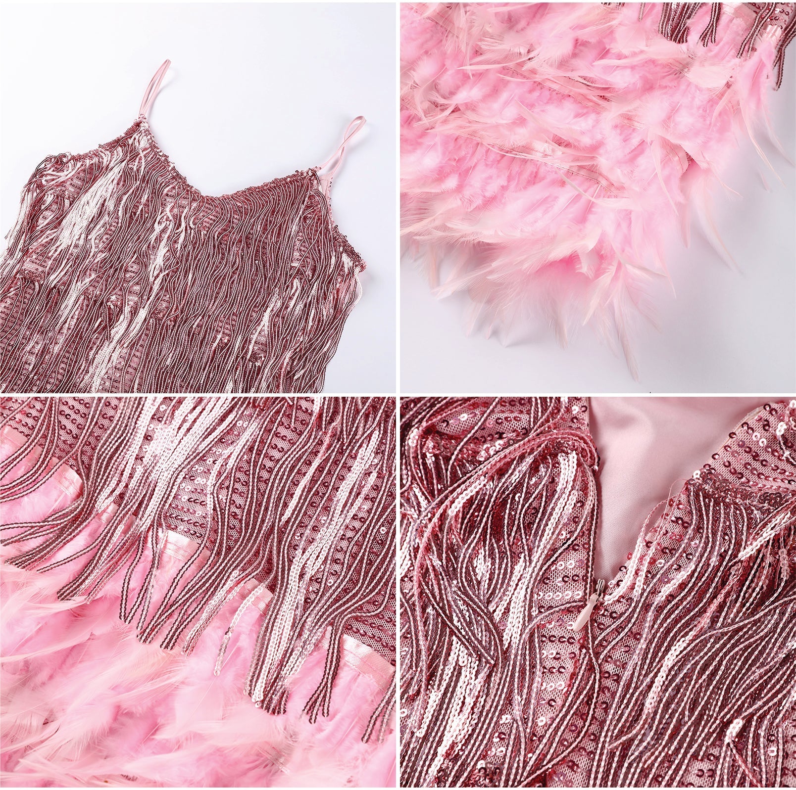 Vestido de Paetê Com Franjas e Plumas Modern Caterine