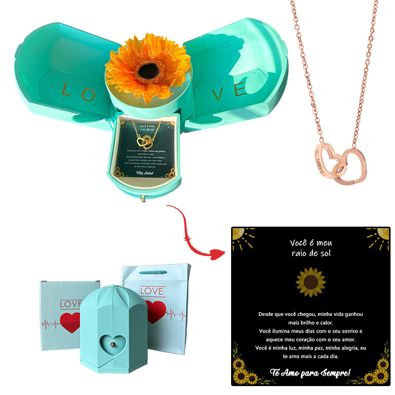 Caixa com Girassol Eterno & Colar Coração Personalizado