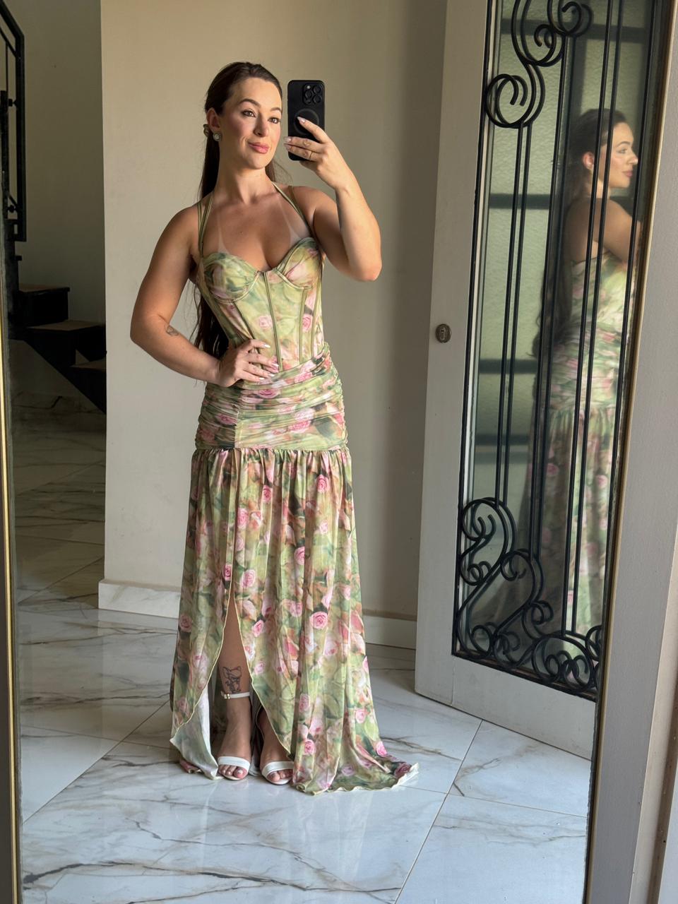 Vestido Longo Corsellet Floral com Fenda Modern Jhulie