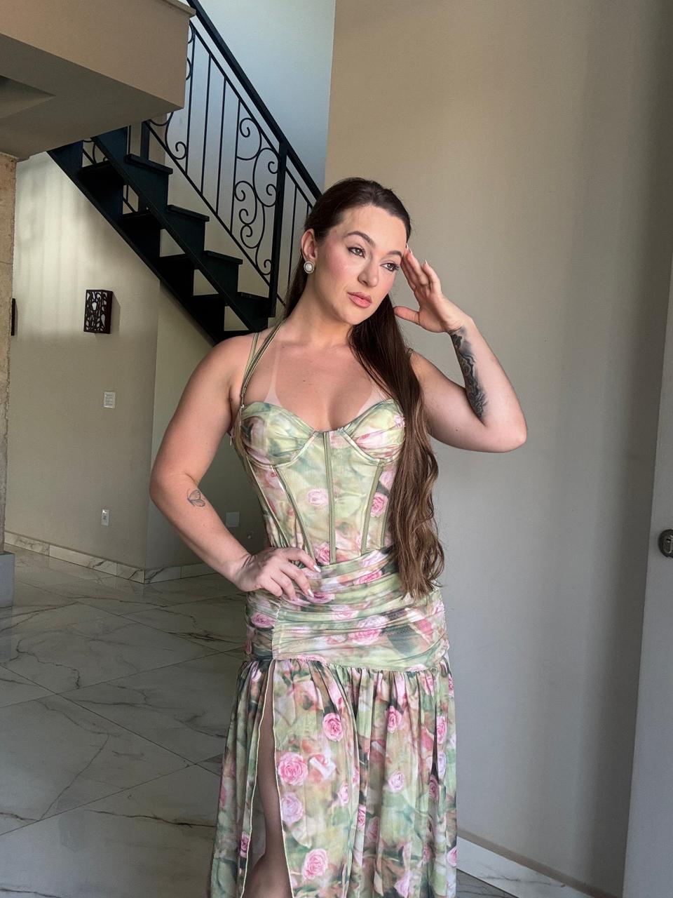 Vestido Longo Corsellet Floral com Fenda Modern Jhulie