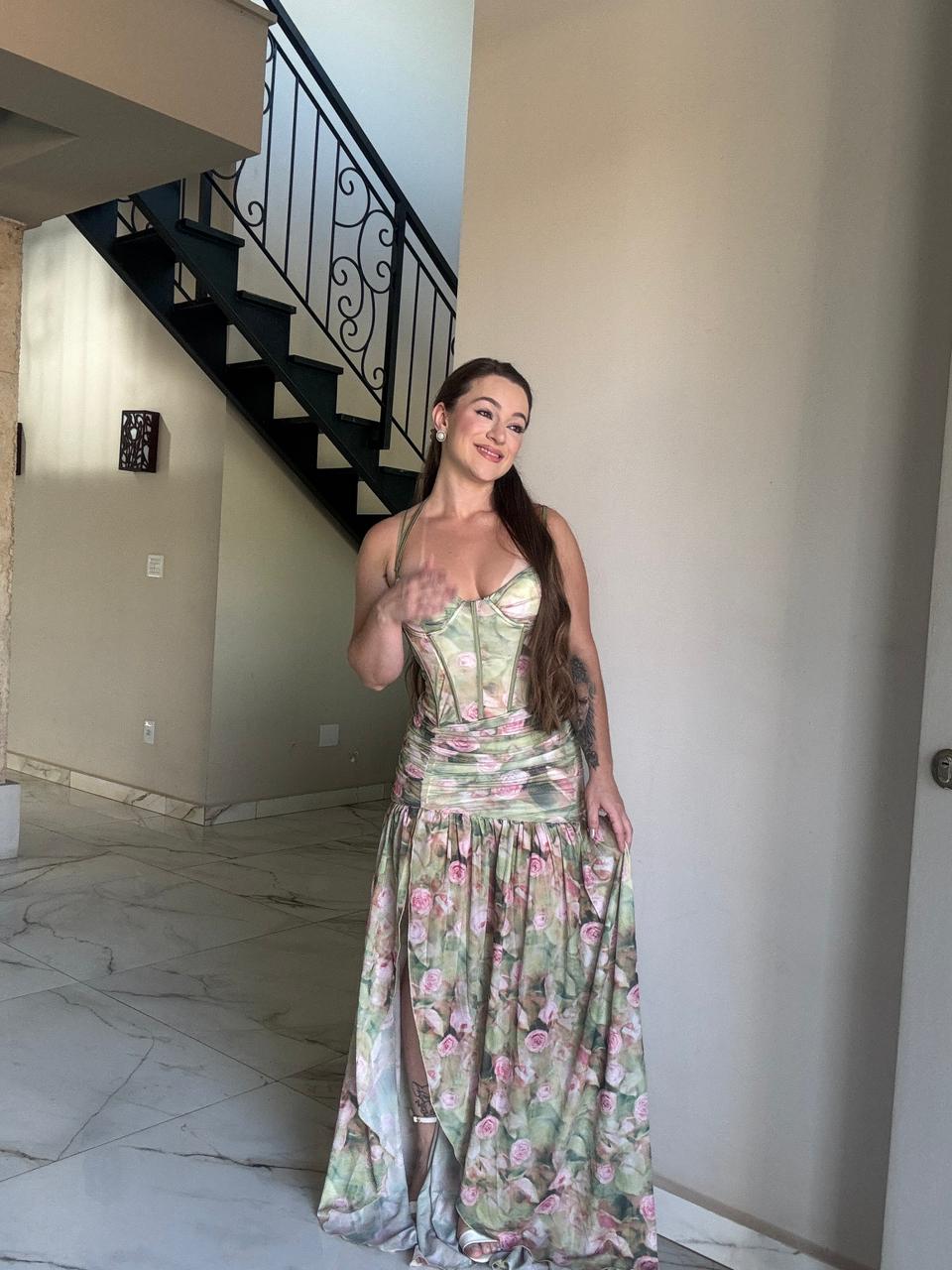 Vestido Longo Corsellet Floral com Fenda Modern Jhulie