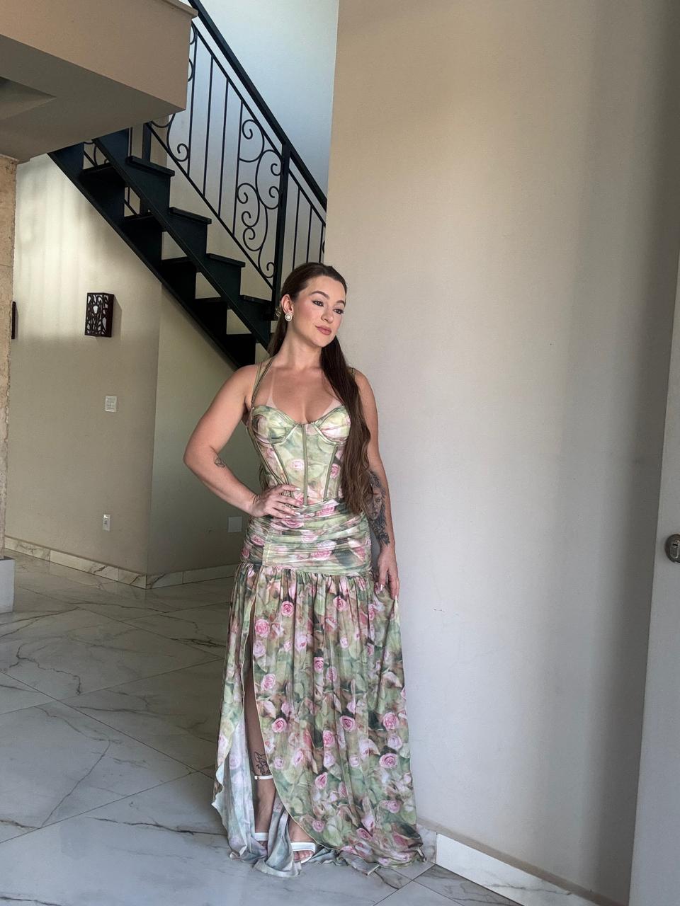 Vestido Longo Corsellet Floral com Fenda Modern Jhulie