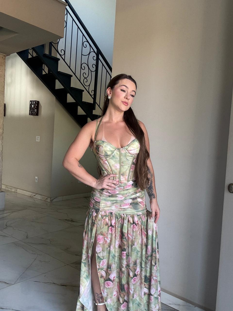 Vestido Longo Corsellet Floral com Fenda Modern Jhulie