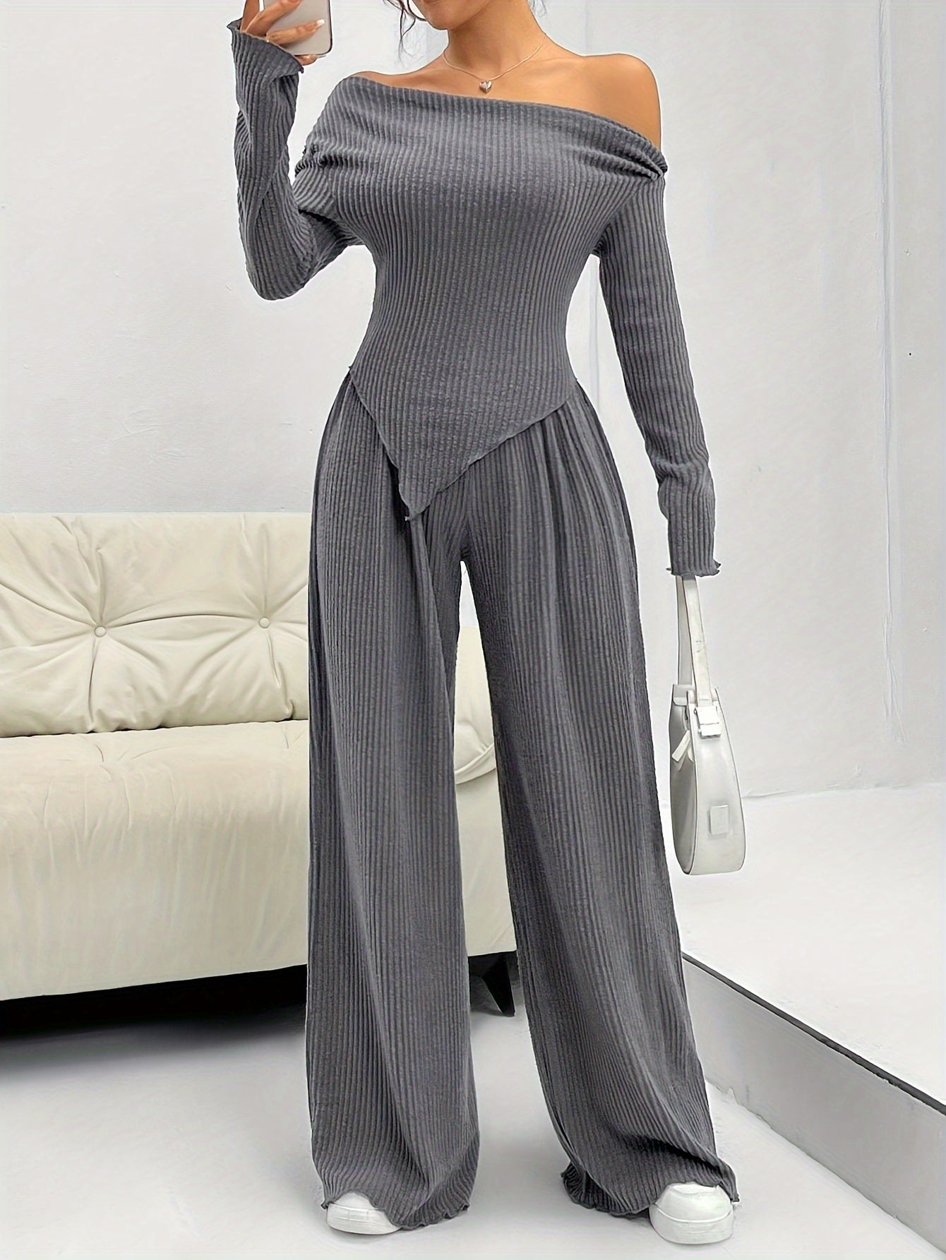 Conjunto Feminino Blusa Manga Longa Assimétrica e Calça Pantalona Modern Confy