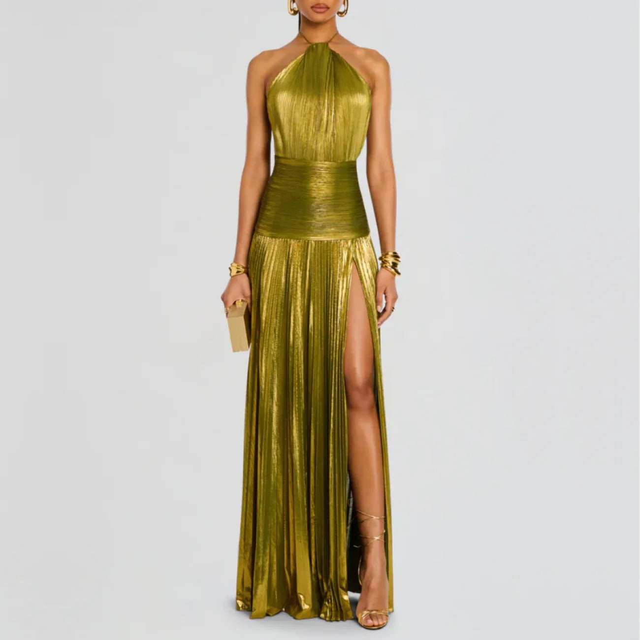 Vestido Longo Metalizado com Fenda Modern Lorry