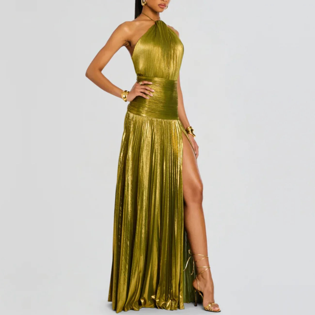 Vestido Longo Metalizado com Fenda Modern Lorry