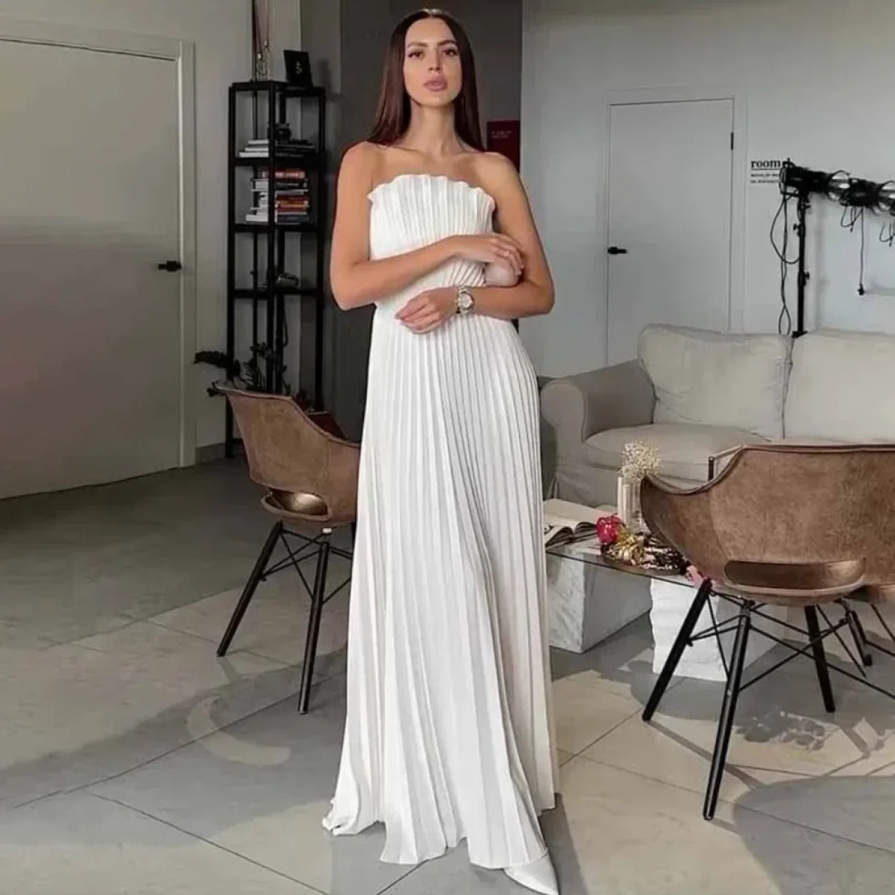 Vestido Longo Off White Plissado Modern Keisy