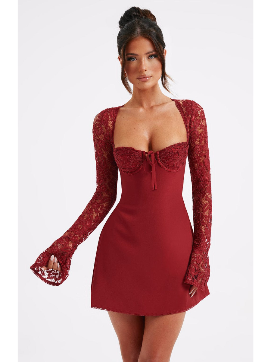 Vestido Curto Manga Longa de Renda Modern Jacinta Vermelho