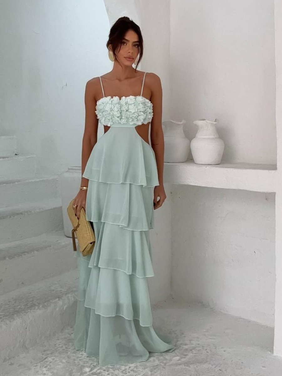 Vestido Longo Com Babados e Aplicação de Flores Modern Flowers