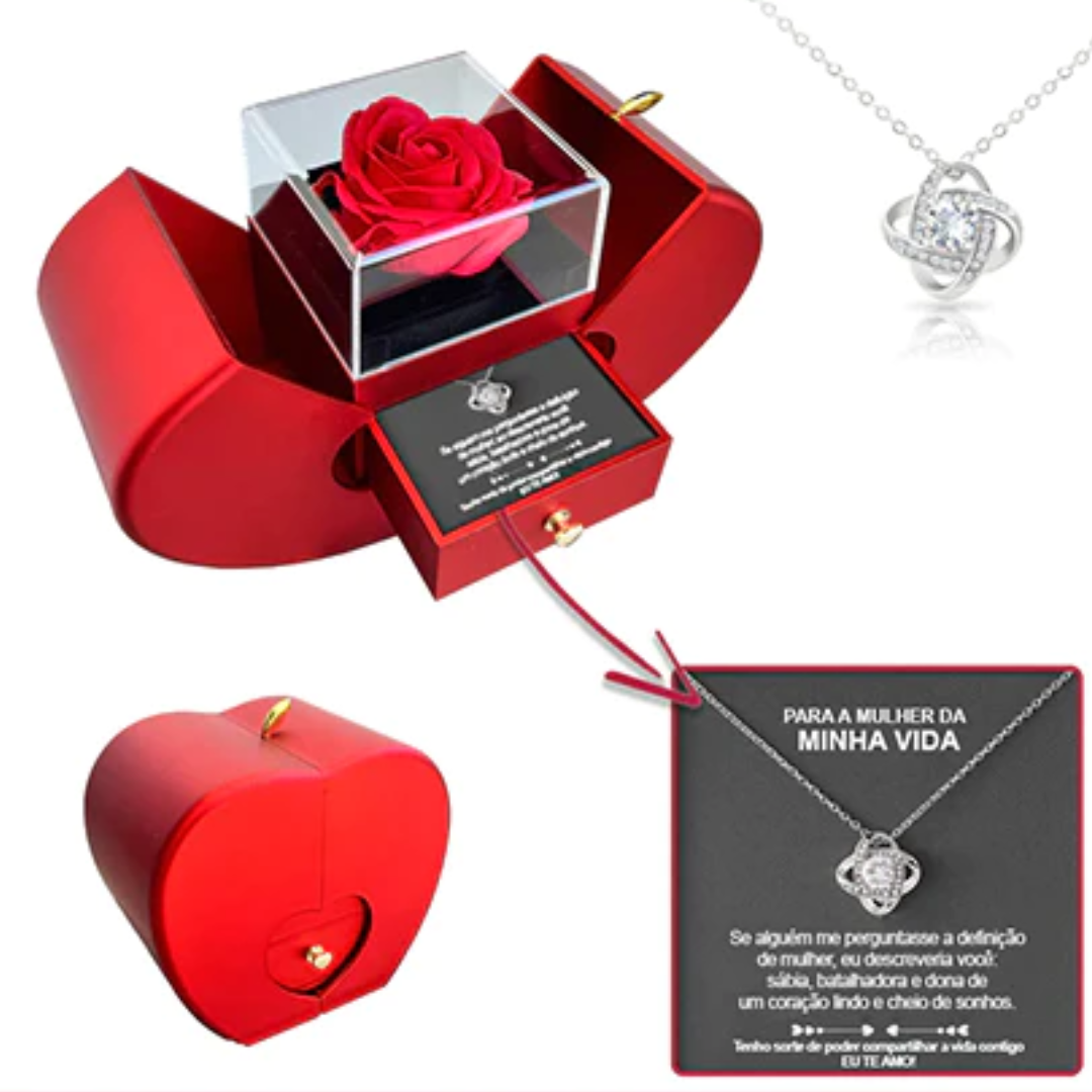 Caixa Surpresa AMOR ETERNO - Colar em Prata 925 Com Rosa Real ❤️