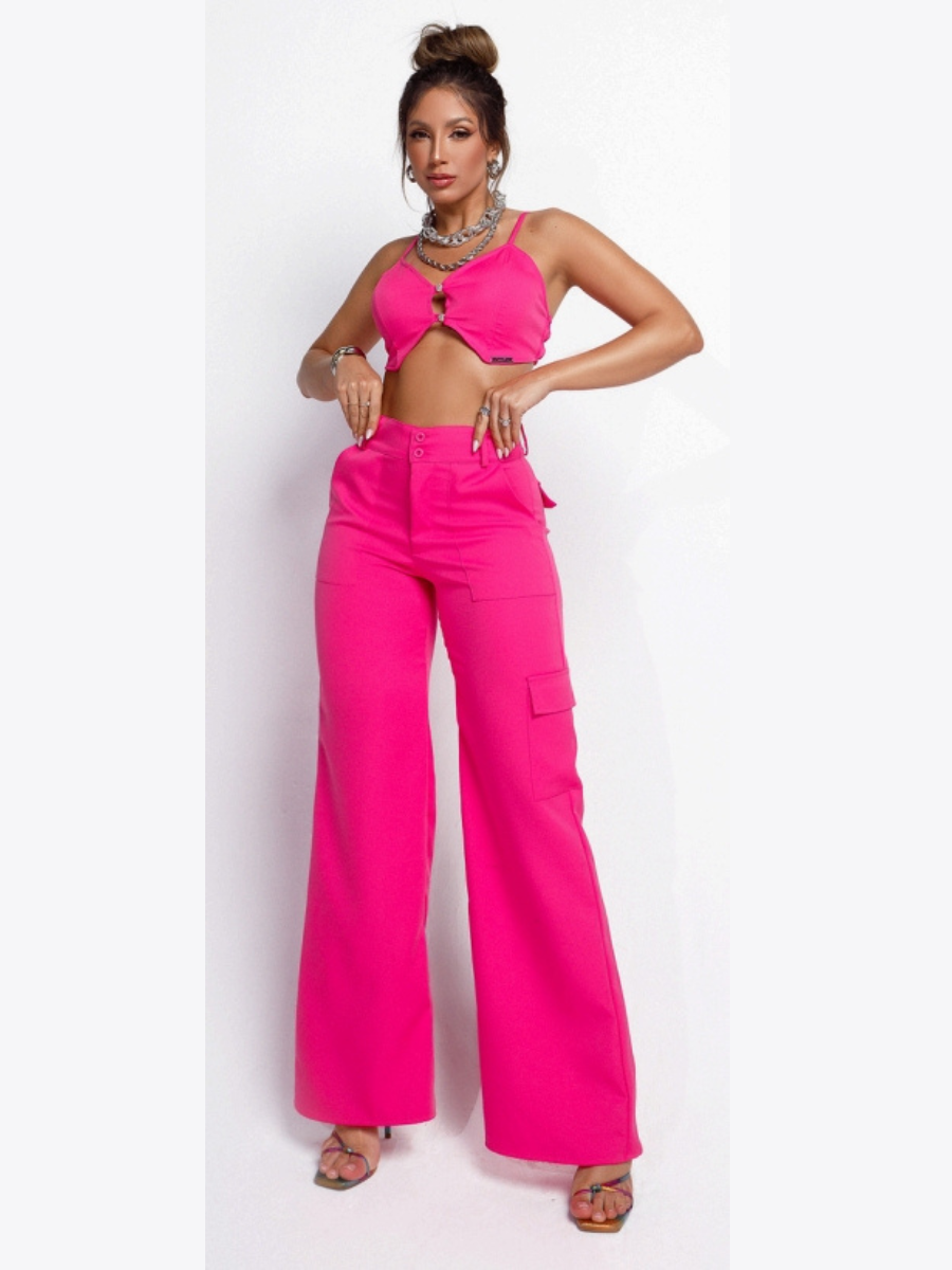 Conjunto Top e Calça Cargo Modern Pink em Alfaiataria Acetinado - FULL