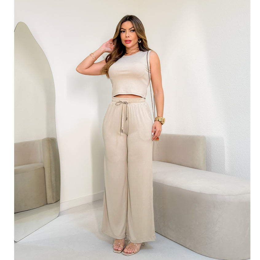 Conjunto Canelado Cropped e Calça Pantalona Modern Adele