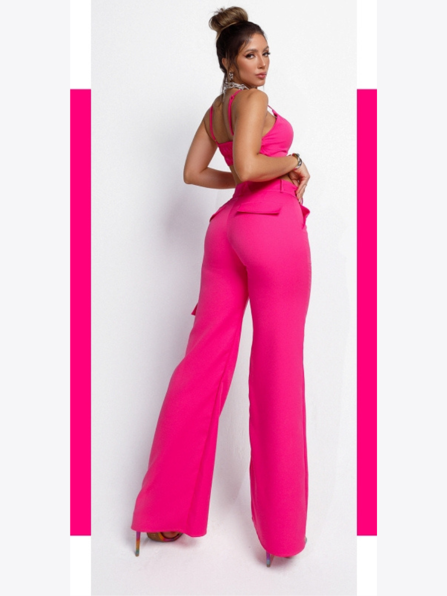 Conjunto Top e Calça Cargo Modern Pink em Alfaiataria Acetinado - FULL