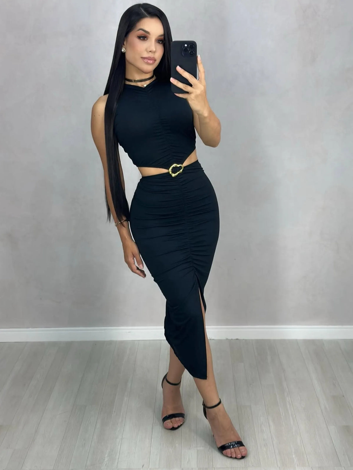 Vestido Midi Drapeado Com Fenda Modern Aisha
