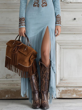 Vestido Manga Longa com Franjas e Bordado em Camurça Modern Western
