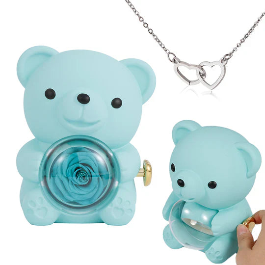 Urso Rotativo com Rosa Real & Colar de Coração Personalizado 🧸