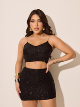 Conjunto Cropped e Saia Paetê Preto Modern Sofi - FULL