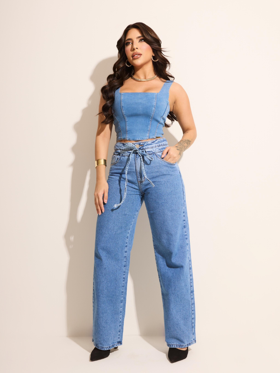 Calça Jeans Wide Leg Modern Denim com Regulagem na Cintura - FULL