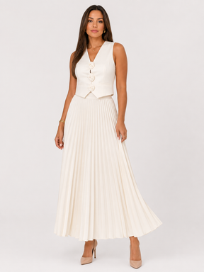 Conjunto Feminino Colete com Aplique de Rosas com Saia Midi Plissada Modern Helena