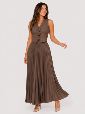 Conjunto Feminino Colete com Aplique de Rosas com Saia Midi Plissada Modern Helena