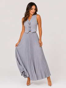 Conjunto Feminino Colete com Aplique de Rosas com Saia Midi Plissada Modern Helena