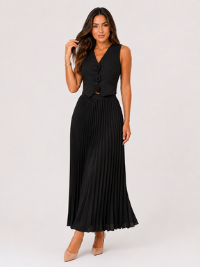 Conjunto Feminino Colete com Aplique de Rosas com Saia Midi Plissada Modern Helena