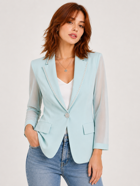 Blazer Feminino 3/4 Clássico com Detalhe de Brilho e Mangas de Tule Modern Antonieta