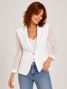 Blazer Feminino 3/4 Clássico com Detalhe de Brilho e Mangas de Tule Modern Antonieta