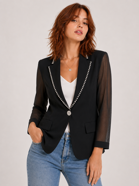 Blazer Feminino 3/4 Clássico com Detalhe de Brilho e Mangas de Tule Modern Antonieta