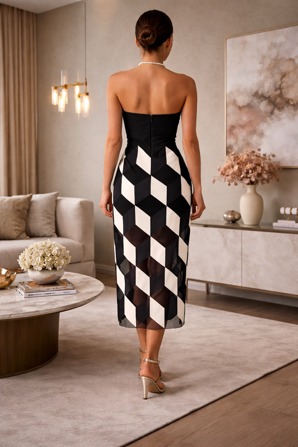 Vestido Midi Sem Alças Preto e Branco Modern Noir