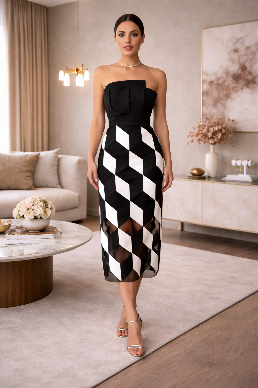 Vestido Midi Sem Alças Preto e Branco Modern Noir