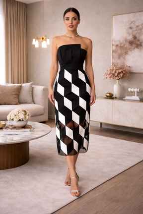 Vestido Midi Sem Alças Preto e Branco Modern Noir