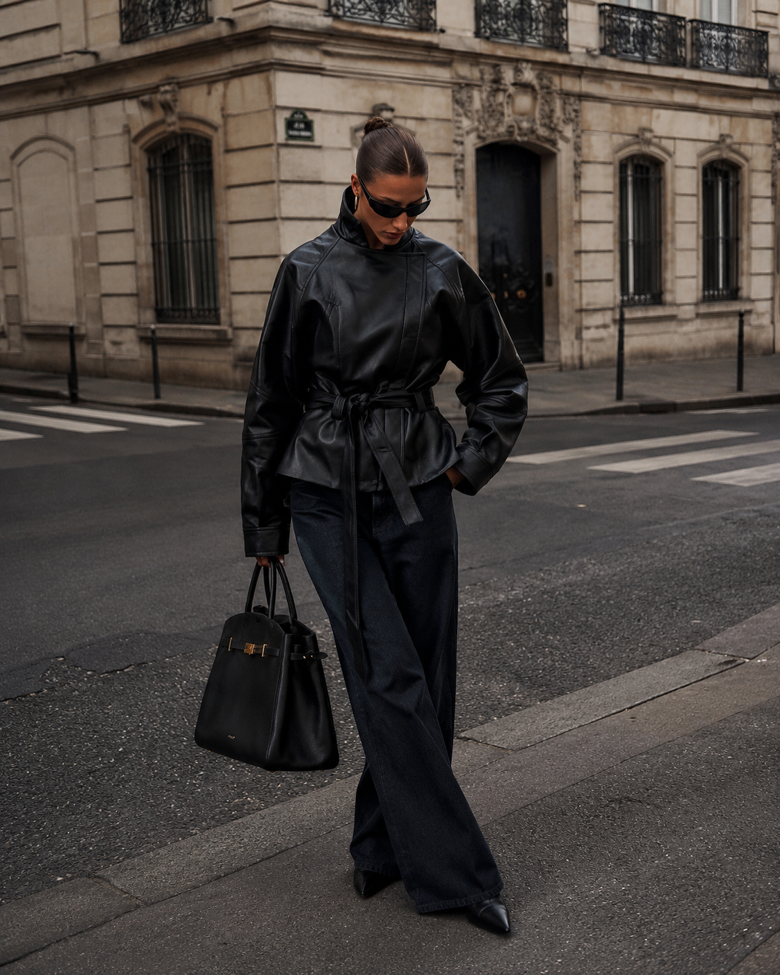 Jaqueta Feminina de Couro Eco com Cinto Oversized Modern Chelsea