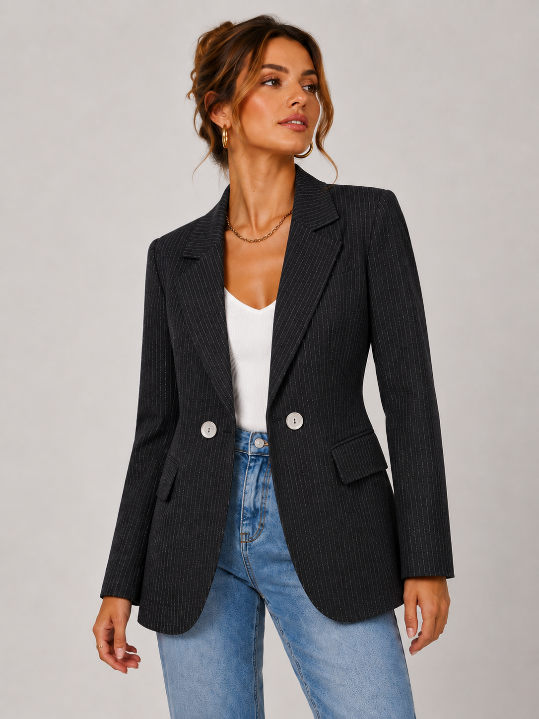Blazer Acinturado Risca de Giz Alfaiataria Modern Adele