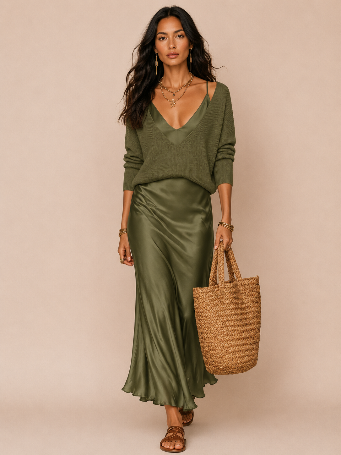 Vestido Midi Cetim Alça Fina com Suéter Decote V Modern Amber
