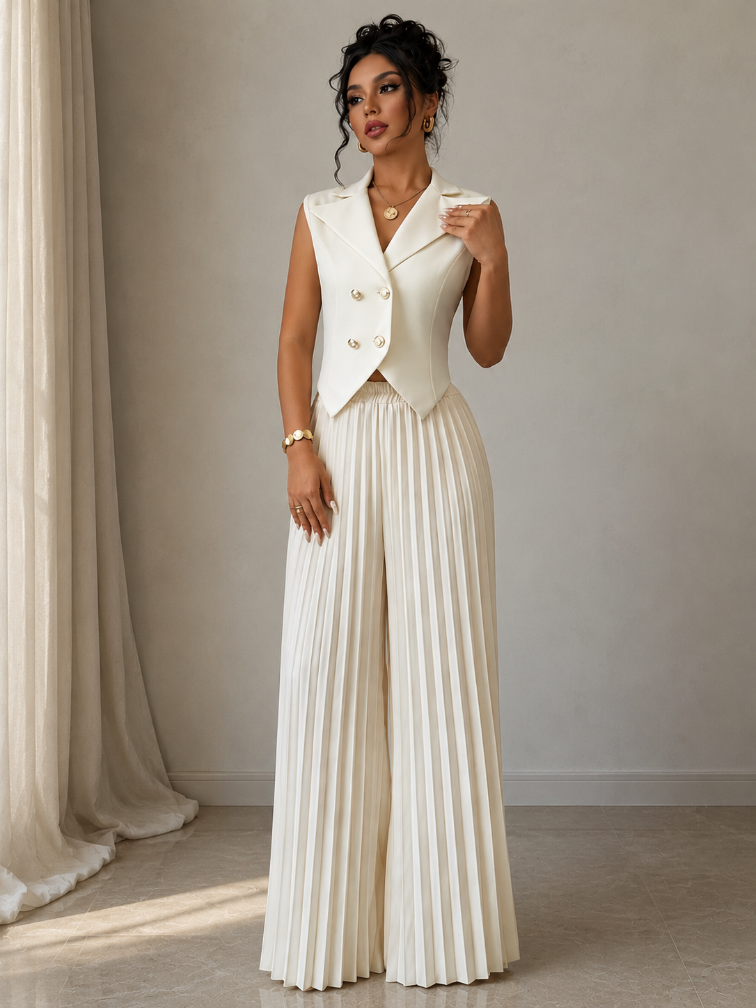 Conjunto Feminino Colete Alfaiataria e Calça Pantalona Plissada Modern Aura