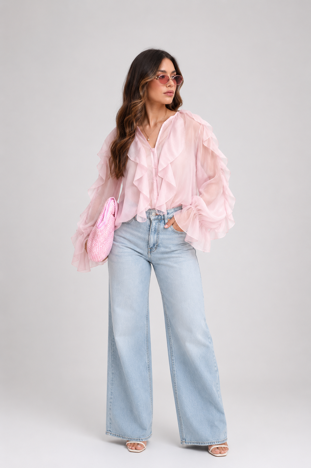 Blusa Manga Longa Chiffon Babados Modern Royal Chic