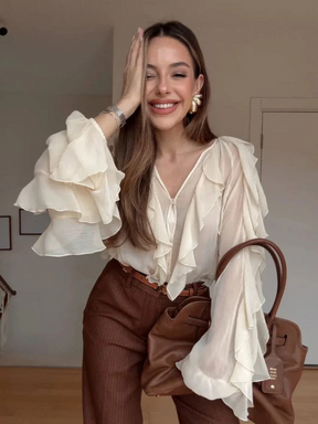 Blusa Manga Longa Chiffon Boho Chic Modern Royal