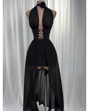 Vestido Frente Única de Tule e Amarrações Preto Modern Harley