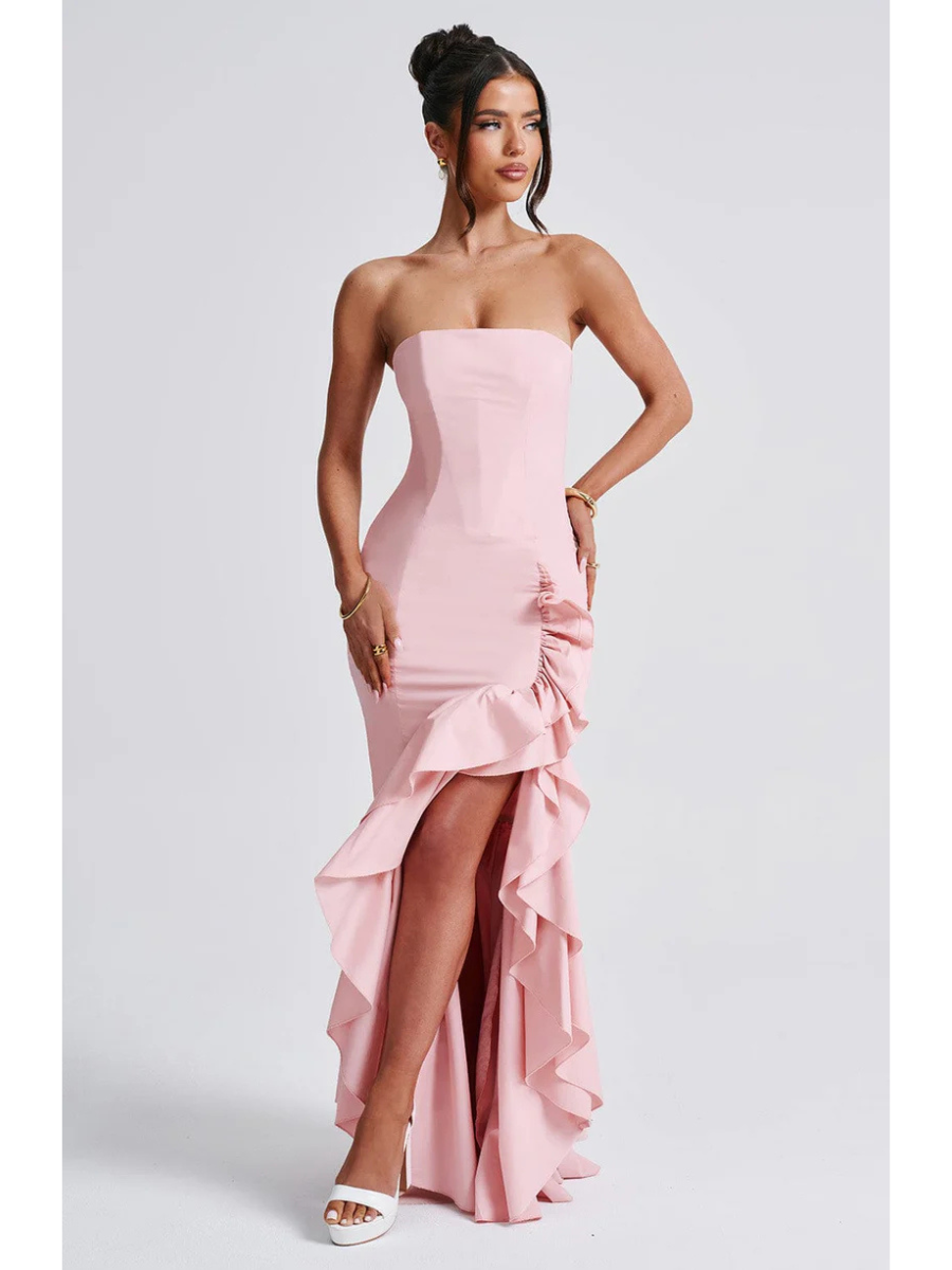 Vestido Longo com Fenda de  Babados Modern Angelina