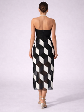 Vestido Midi Sem Alças Preto e Branco Modern Noir