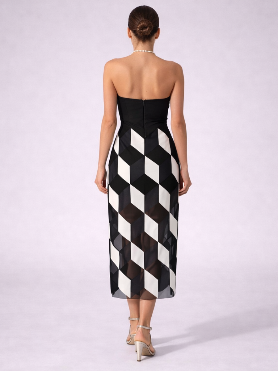 Vestido Midi Sem Alças Preto e Branco Modern Noir