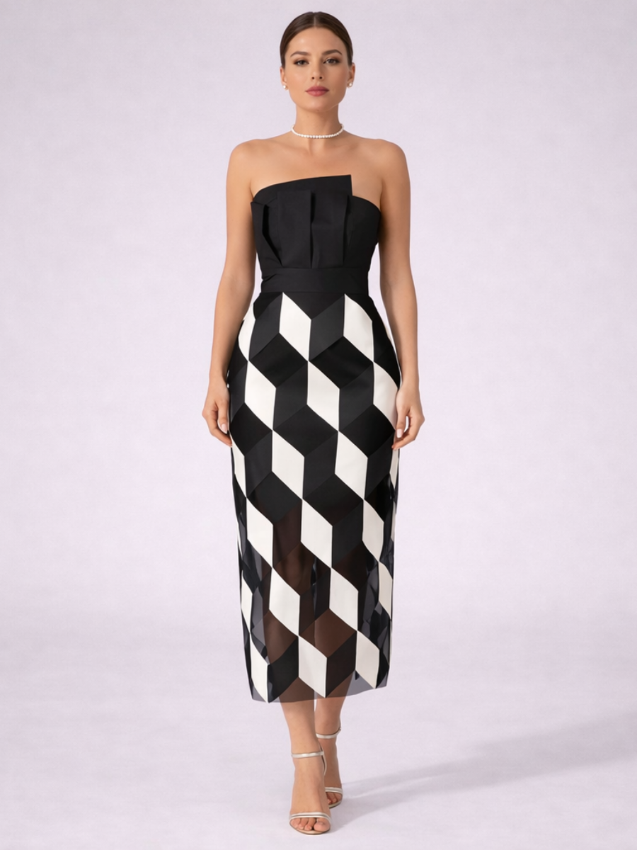 Vestido Midi Sem Alças Preto e Branco Modern Noir