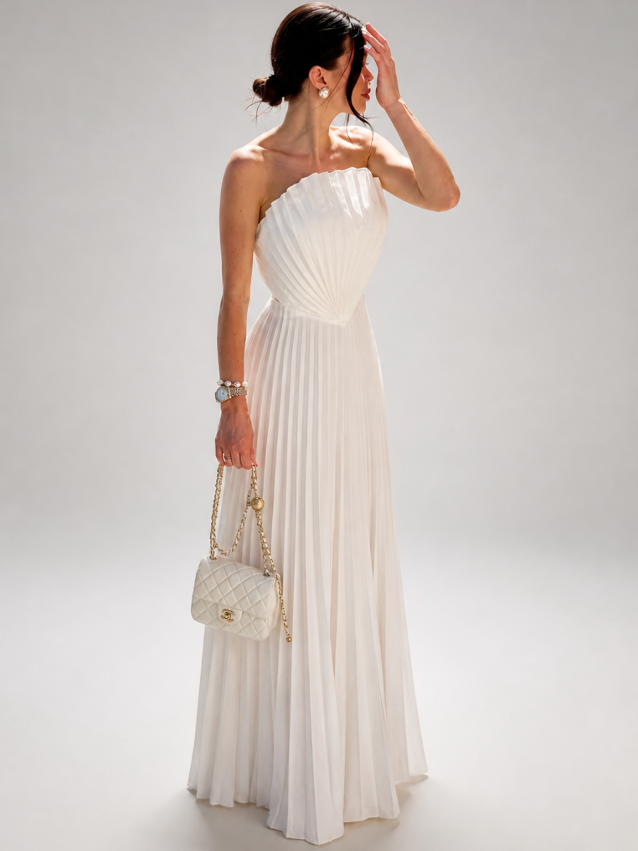 Vestido Longo Off White Plissado Modern Keisy