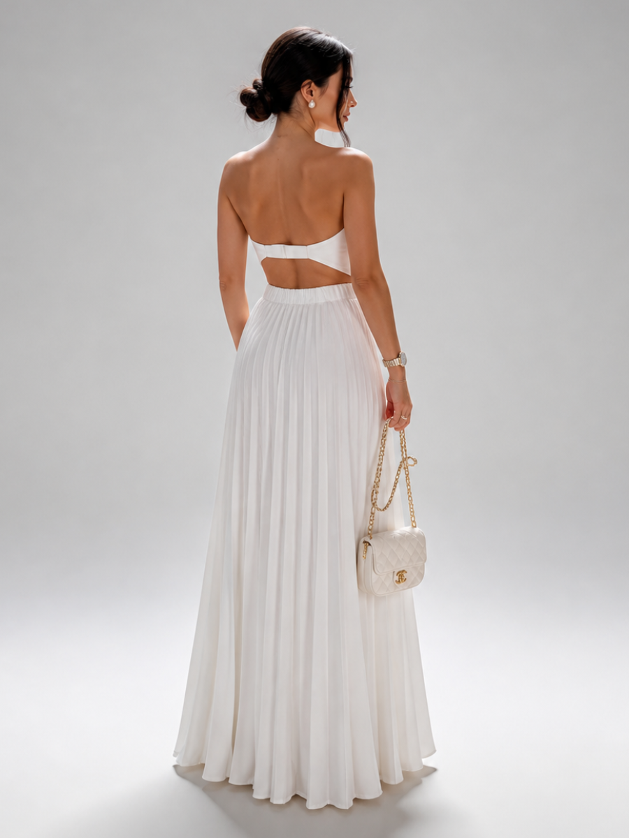 Vestido Longo Off White Plissado Modern Keisy