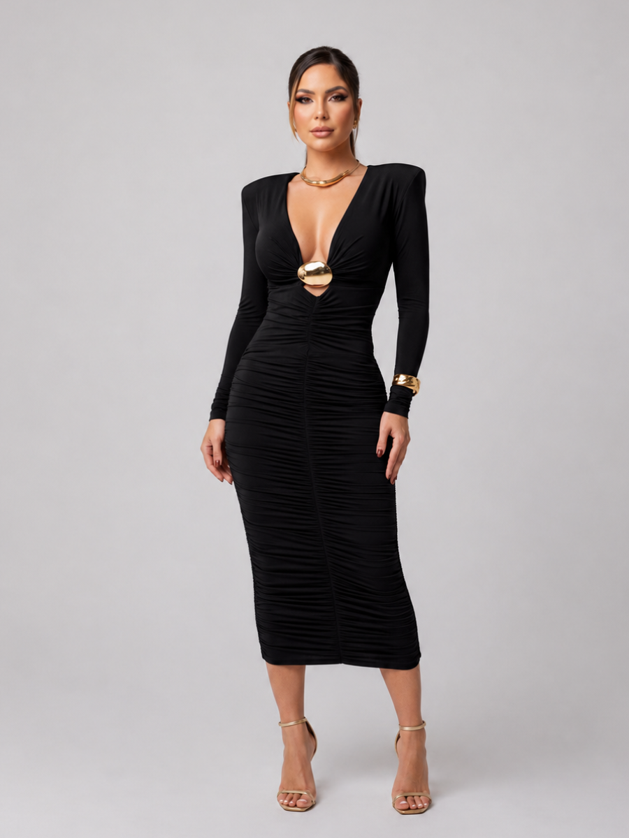 Vestido Midi Manga Longa Drapeado Modern Adria