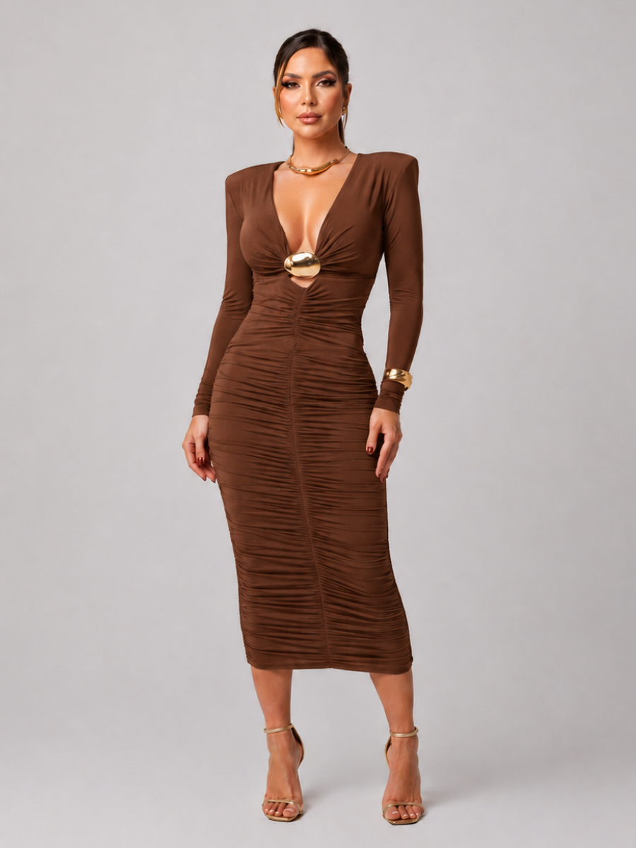 Vestido Midi Manga Longa Drapeado Modern Adria